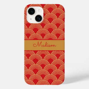Elegant Red Gold Scallop Pattern Personalised Name Case-Mate iPhone 14 Case