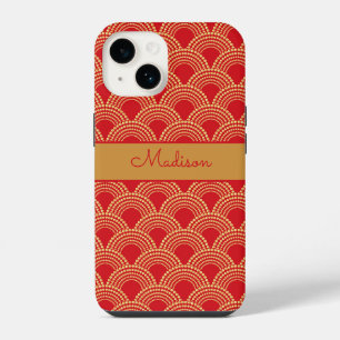 Elegant Red Gold Scallop Pattern Personalised Name iPhone 14 Case
