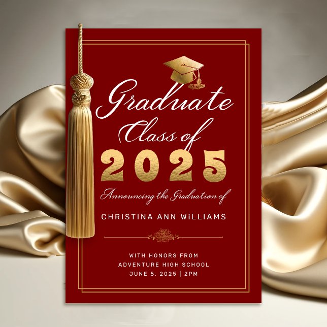 Elegant Red Gold Script Class of 2025 Graduate Announcement (Elegant Maroon Gold Script Class of 2025 Graduation Announcement)