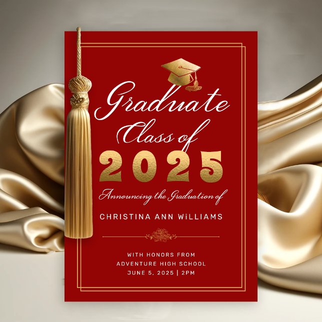 Elegant Red Gold Script Class of 2025 Graduation Announcement (Elegant Gold White Script on Red with thin gold frame Graduation Announcement)