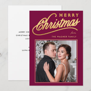 Elegant Red Gold Script Merry Christmas Photo Holiday Card