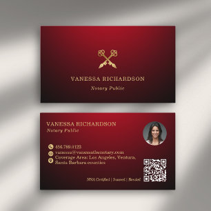 Elegant Red & Gold Skeleton Key Modern Notary QR  Business Card