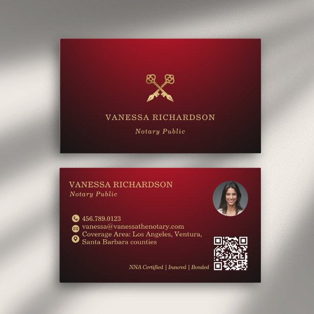 Elegant Red & Gold Skeleton Key Modern Notary QR  Business Card (Creator Uploaded)
