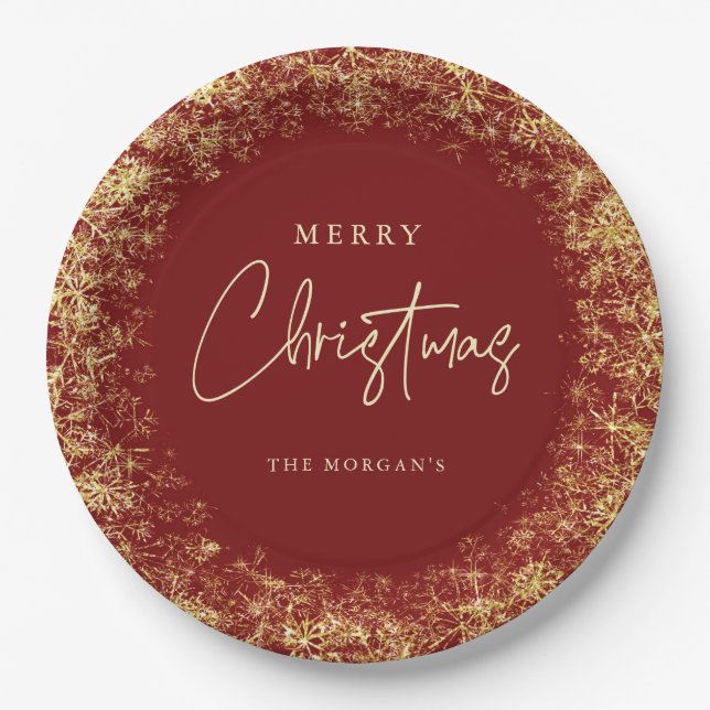 Elegant Red Gold Snowflakes Christmas  Paper Plate (Front)