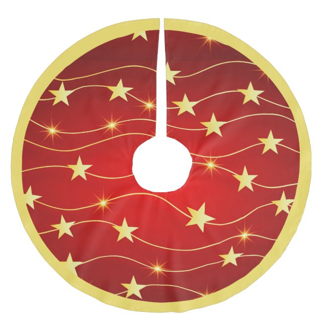 Elegant Red Gold Stars Christmas Holiday Decor Brushed Polyester Tree Skirt (Front)