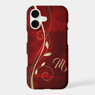 Elegant Red Gold Swirl Leaf Monogram