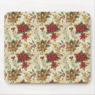 Elegant Red & Gold Vintage Poinsettia Floral Mouse Pad