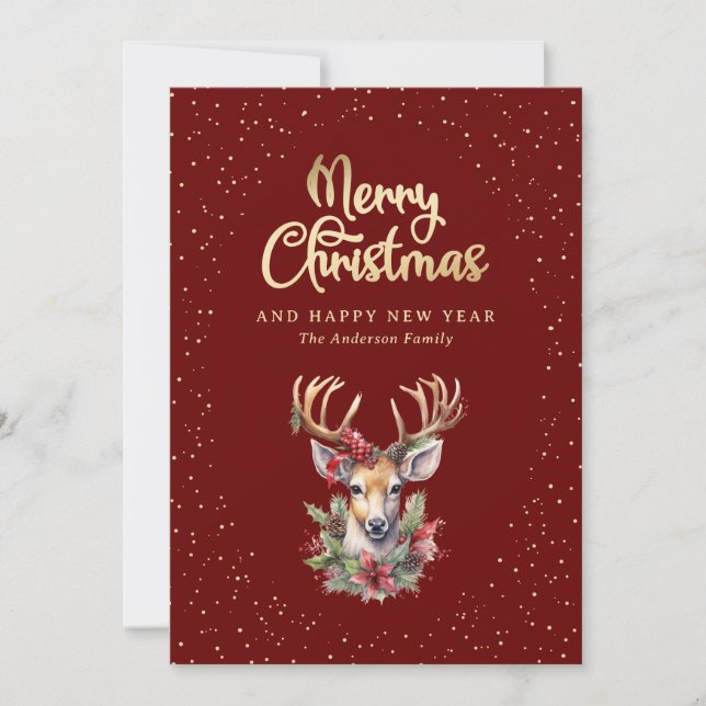 Elegant Red Gold Watercolor Deer Snow Holiday Card (Front)