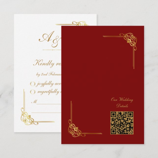 Elegant Red Gold Wedding Event QR Code RSVP Card (Front/Back)