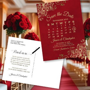 Elegant Red & Gold Wedding Save the Date Calendar Announcement Postcard