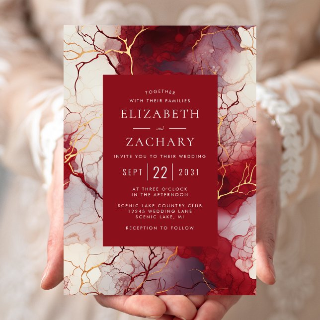 Elegant Red Gold White Marble Wedding Invitation (Creator Uploaded)