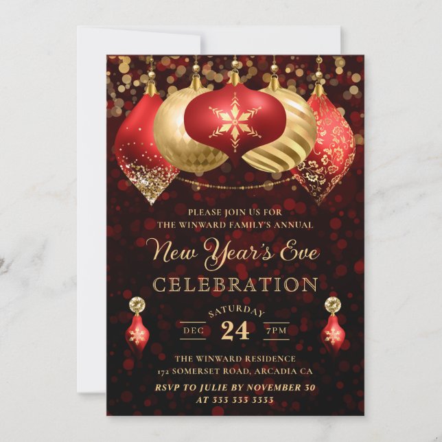 Elegant Red & Gold Winter Baubles New Year's Eve Invitation (Front)