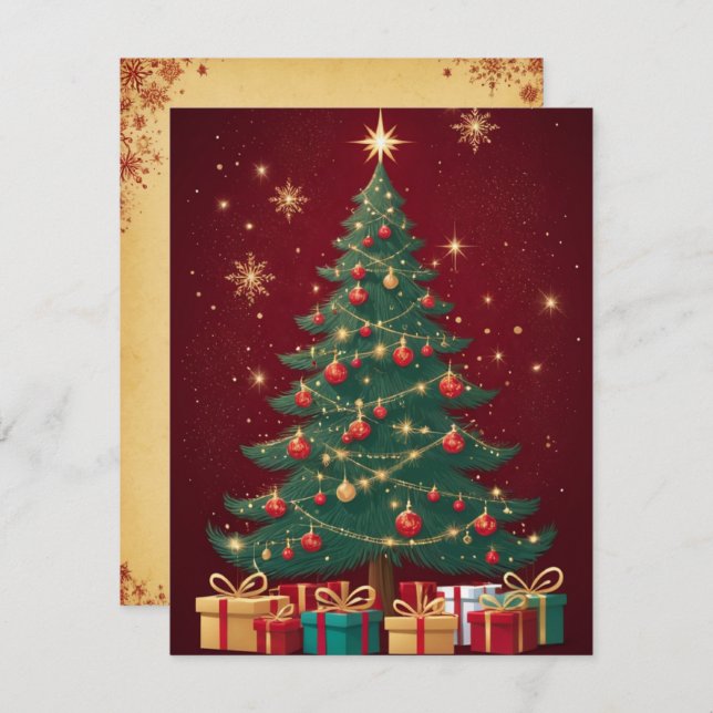 Elegant Red Golden Christmas Tree Greeting Card (Front/Back)