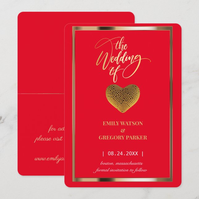 Elegant red, golden frame wedding  save the date (Front/Back)
