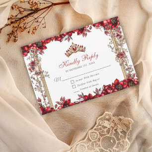 Elegant Red Golden Tiara Floral Quinceañera RSVP Card