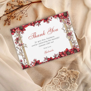Elegant Red Golden Tiara Floral Quinceañera Thank You Card