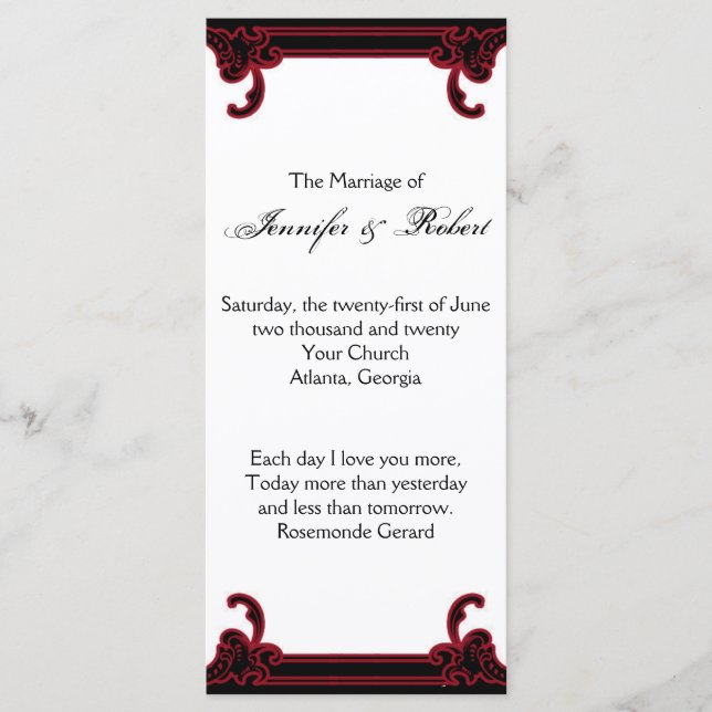 Elegant Red Gothic Frame Wedding Program Programme (Front)