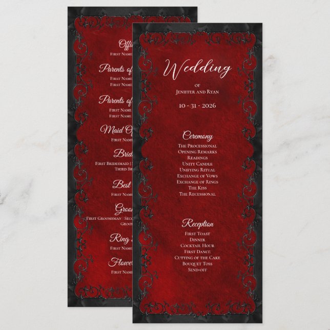 Elegant red Gothic Wedding Program Menu (Front/Back)