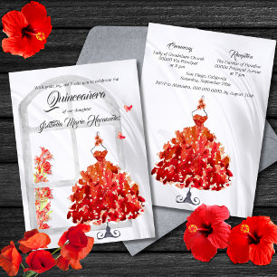 Elegant Red Gown & Butterflies Quinceañera Invitation