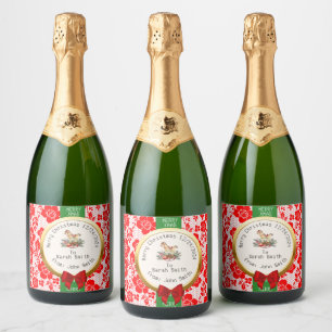 Elegant Red, Green, and White Lace & Ribbon Editab Sparkling Wine Label