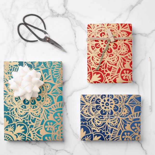 Elegant Red Green Blue and Gold Mandala Pattern Wrapping Paper Sheet (Front)