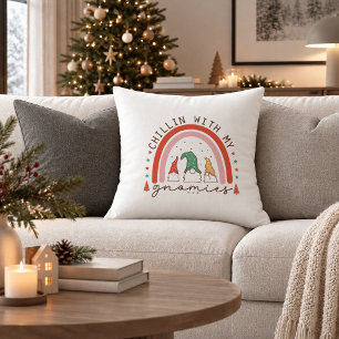 Elegant Red Green Boho Christmas Gnomes Pillow