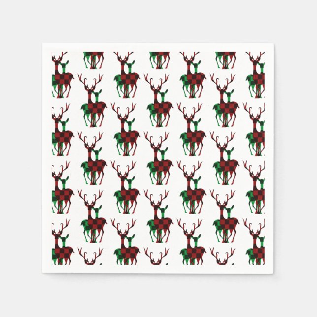 Elegant Red & Green Buffalo Plaid Reindeer Couple Napkin (Front)