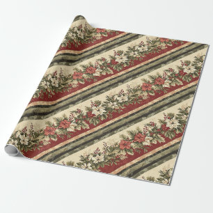 Elegant Red Green Christmas Botanical Stripe Wrapping Paper
