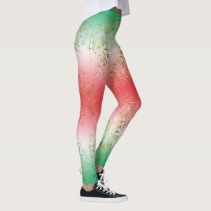 Elegant Red green Christmas Snowflakes stars Leggings