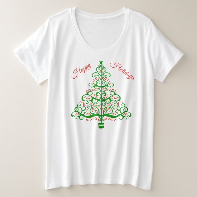 Elegant Red Green Christmas Tree Plus Size T-Shirt (Design Front)