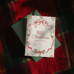 Elegant Red Green Floral Bow Merry Christmas Holiday Card