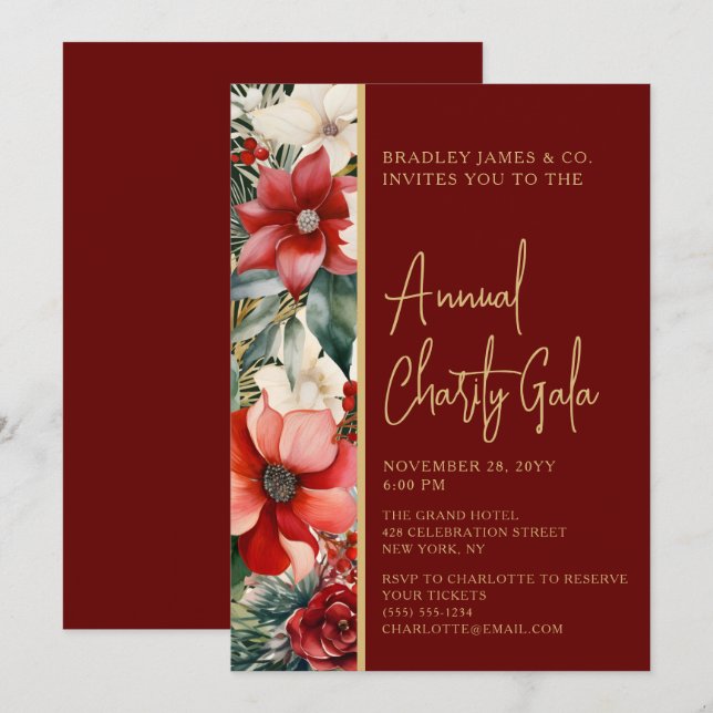 Elegant Red Green Floral Charity Event Gala Party Invitation (Front/Back)