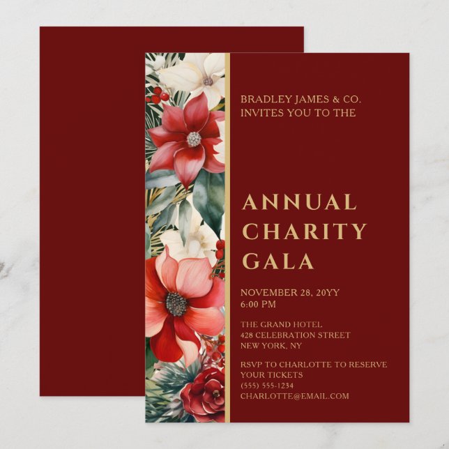Elegant Red Green Floral Charity Event Gala Party Invitation (Front/Back)