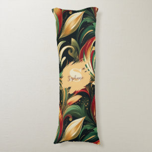 Elegant Red, Green & Gold Abstract Paisley Leaves Body Cushion