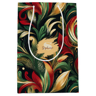Elegant Red, Green & Gold Abstract Paisley Leaves Medium Gift Bag