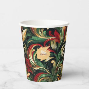 Elegant Red, Green & Gold Abstract Paisley Leaves Paper Cups
