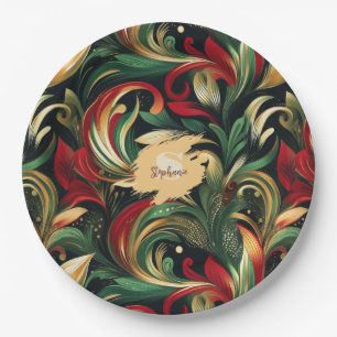 Elegant Red, Green & Gold Abstract Paisley Leaves Paper Plate