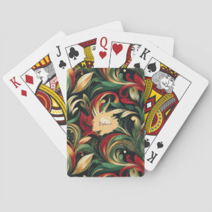 Elegant Red, Green & Gold Abstract Paisley Leaves Playing Cards