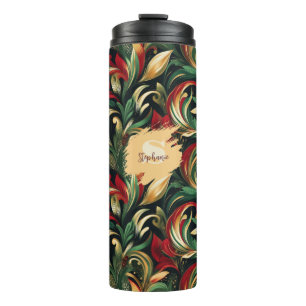 Elegant Red, Green & Gold Abstract Paisley Leaves Thermal Tumbler