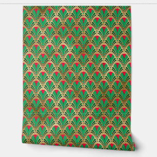 Elegant Red Green Gold Art Deco Peel and Stick Wallpaper