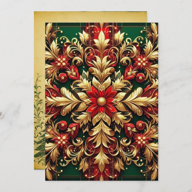 Elegant Red Green Gold Festive Plaid  Holiday Card (Front/Back)