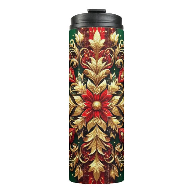 Elegant Red Green Gold Festive Plaid  Thermal Tumbler (Front)