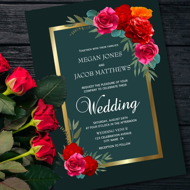 Elegant Red Green Gold Floral Wedding Invitation (Creator Uploaded)