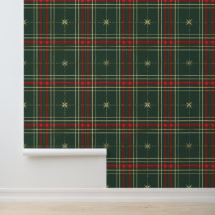 Elegant Red Green Gold Tartan Pattern Wallpaper