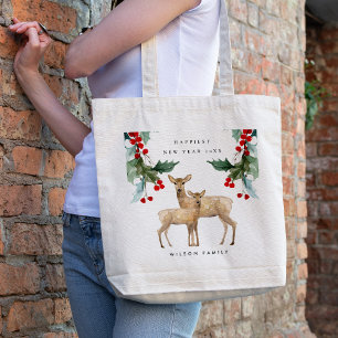 ELEGANT RED GREEN HOLLY BERRY DEER DUO NEW YEAR TOTE BAG