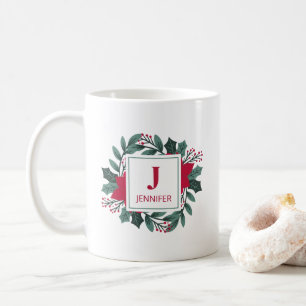 Elegant Red Green Holly Wreath Monogram Initial  Coffee Mug