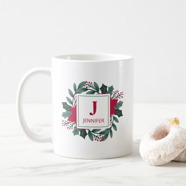 Elegant Red Green Holly Wreath Monogram Initial  Coffee Mug (With Donut)
