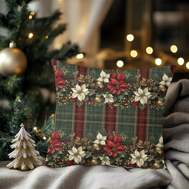 Elegant Red Green Plaid Red Poinsettia Christmas Cushion (Creator Uploaded)