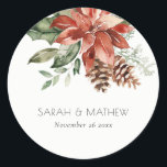 Elegant Red Green Poinsettia Pine Cone Watercolor Classic Round Sticker<br><div class="desc">If you need any further customisation please feel free to message me on yellowfebstudio@gmail.com.</div>