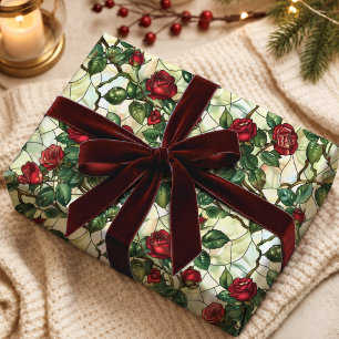 Elegant Red Green Stained Glass Floral Wrapping Paper
